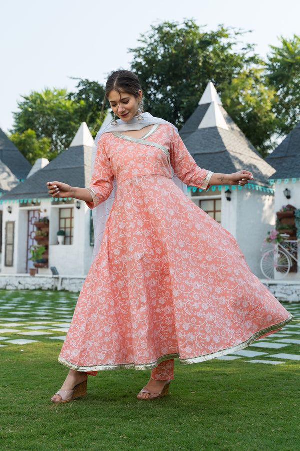 Elegant Peach Printed Overlap Angrakha Style Anarkali Suit Set With Cotton Tissue Dupatta