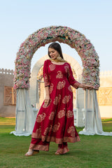 Maroon Golden Block Print Anarkali Flared Suit Set Paired With Palazzo And Cotton Tissue Dupatta