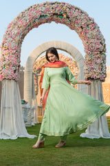 Pista Green Anarkali Suit Set Paired With Solid Pant And Chanderi Dupatta