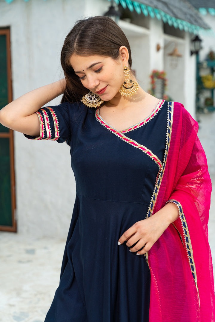Dark Blue Angrakha Solid Suit Set Paired With Pink Solid Palazzo And Chanderi Dupatta