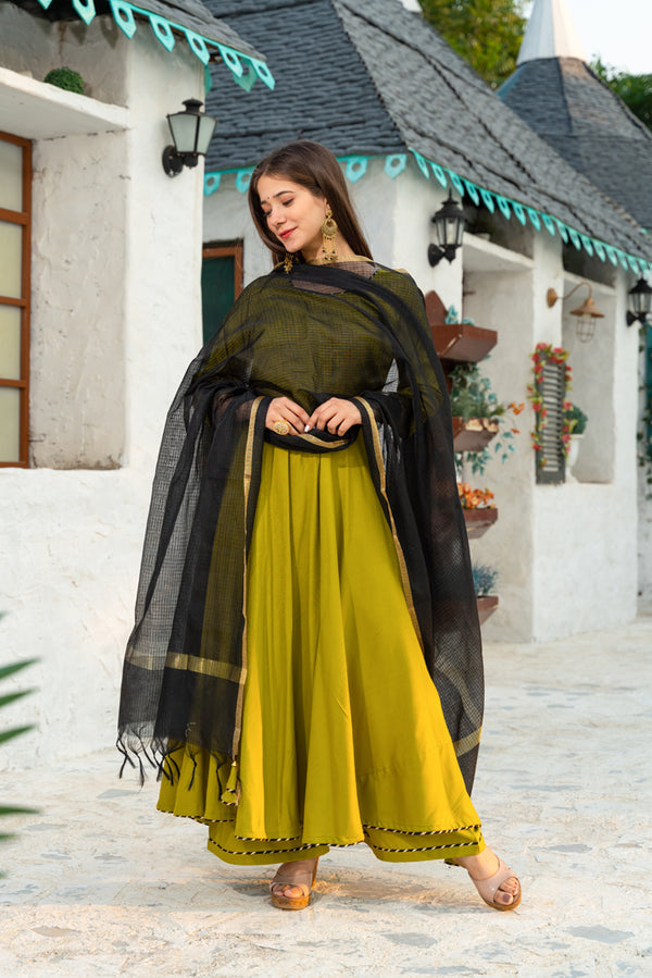 Mehendi Green Anarkali Flared Solid Suit Paired With Palazzo And Kota Doria Dupatta
