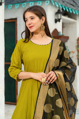 Mehendi Green Anarkali Flared Suit Set With Chanderi Dupatta