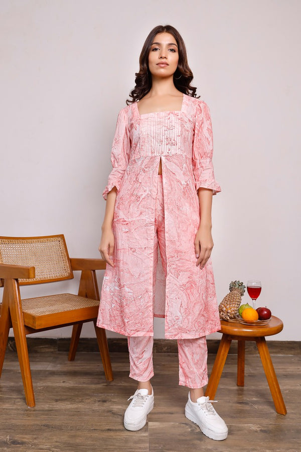 Red Marble Printed Kurta With Pleated Yoke And Pants