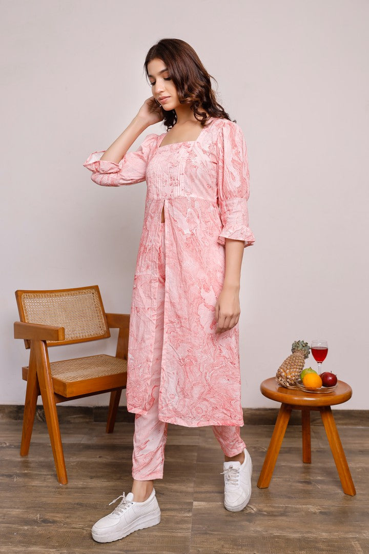 Red Marble Printed Kurta With Pleated Yoke And Pants