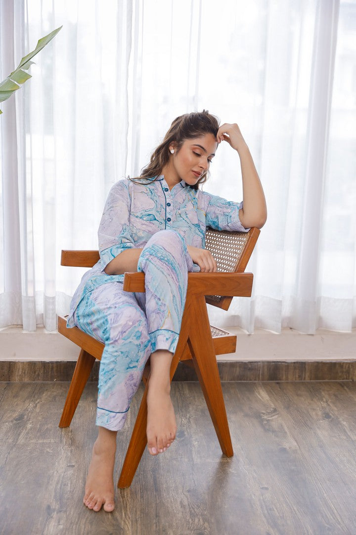 Marble Printed Light Blue And Lilac Color Comfy Co-Ord Set