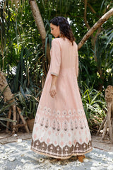 Peach Color Floral Print Embroidered Anarkali Ethnic Dress