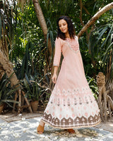 Peach Color Floral Print Embroidered Anarkali Ethnic Dress