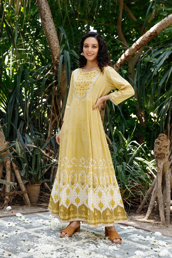 Yellow Color Floral Print Embroidered Anarkali Ethnic Dress