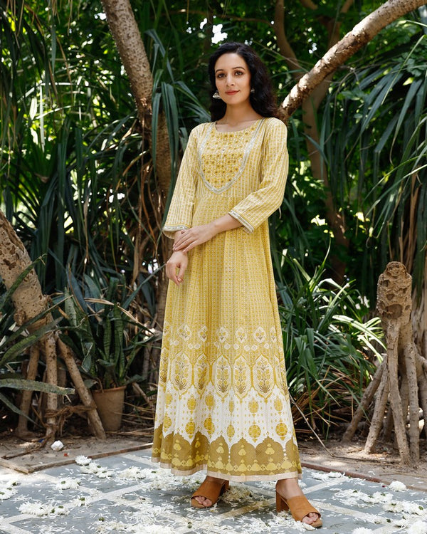 Yellow Color Floral Print Embroidered Anarkali Ethnic Dress