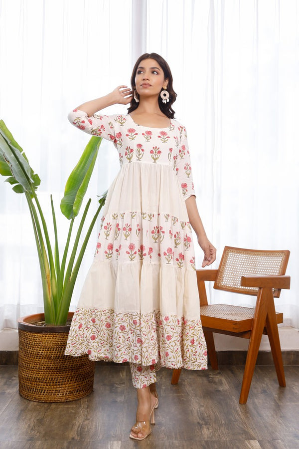 White Cotton Floral Hand Block Printed Anarkali Set
