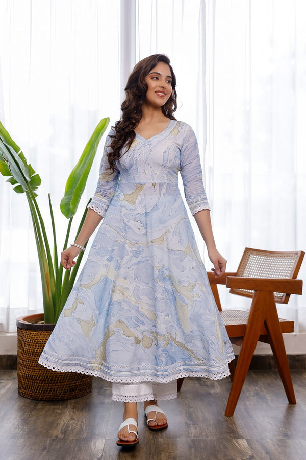 Blue Marble Printed With Crochet Lace Details Anarkali And Pants Set