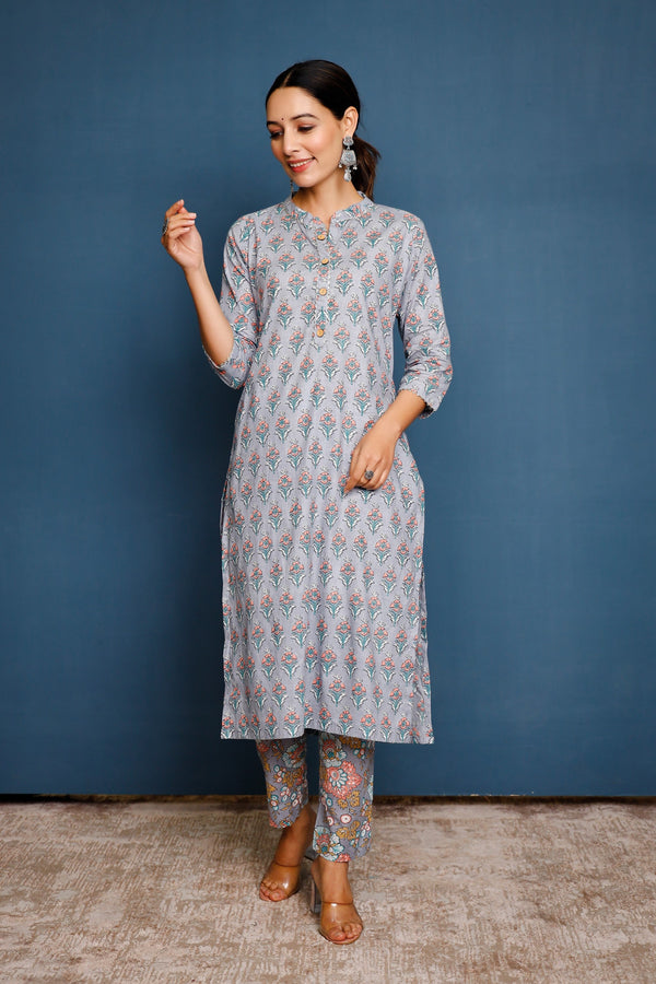 Women's Print Blocked Straight Mandarin Collared Kurta And Pants  - Pheeta