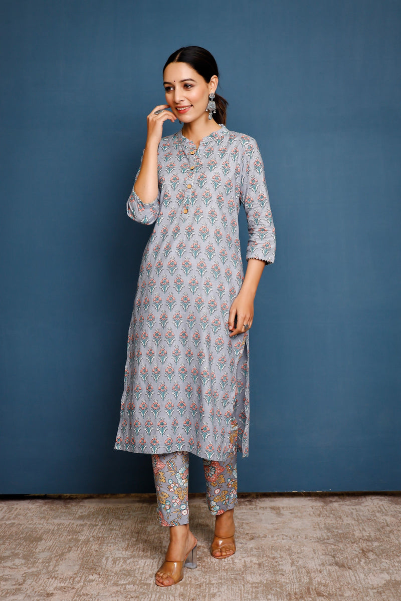 Women's Print Blocked Straight Mandarin Collared Kurta And Pants  - Pheeta