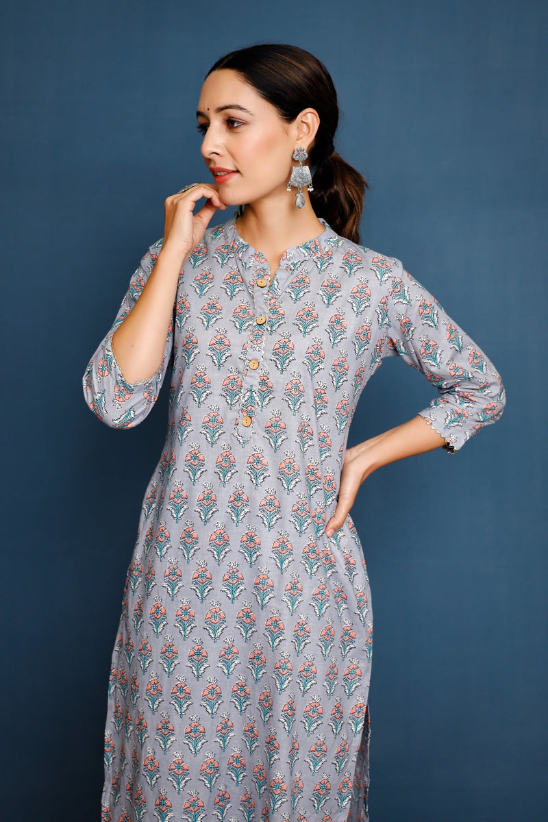 Women's Print Blocked Straight Mandarin Collared Kurta And Pants  - Pheeta