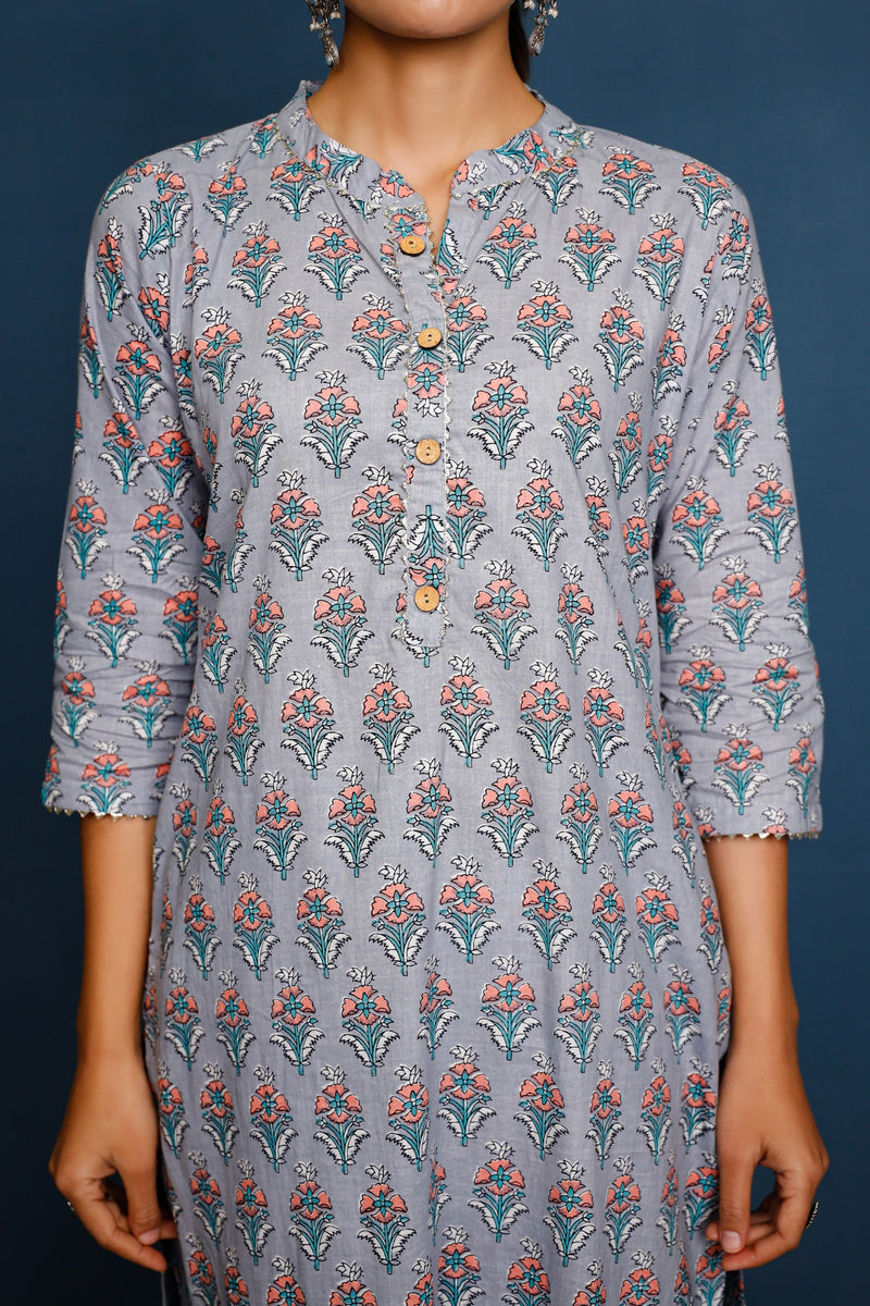 Women's Print Blocked Straight Mandarin Collared Kurta And Pants  - Pheeta