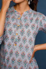 Women's Print Blocked Straight Mandarin Collared Kurta And Pants  - Pheeta