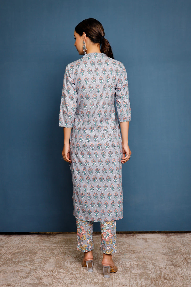 Women's Print Blocked Straight Mandarin Collared Kurta And Pants  - Pheeta
