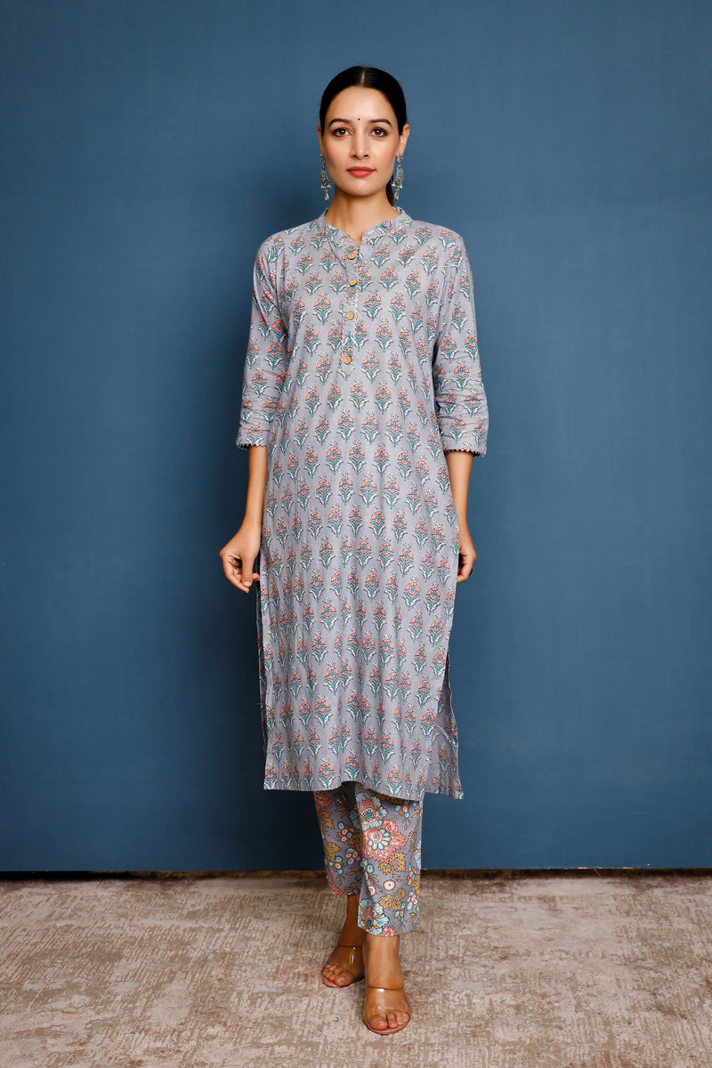 Women's Print Blocked Straight Mandarin Collared Kurta And Pants  - Pheeta