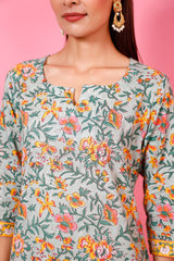 Women's Mint Green Hand Printed Kurta Pant Set - Pheeta