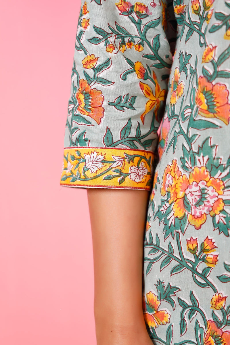Women's Mint Green Hand Printed Kurta Pant Set - Pheeta