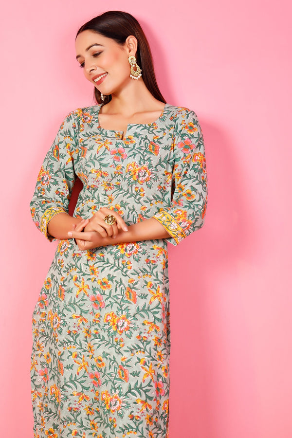 Women's Mint Green Hand Printed Kurta Pant Set - Pheeta