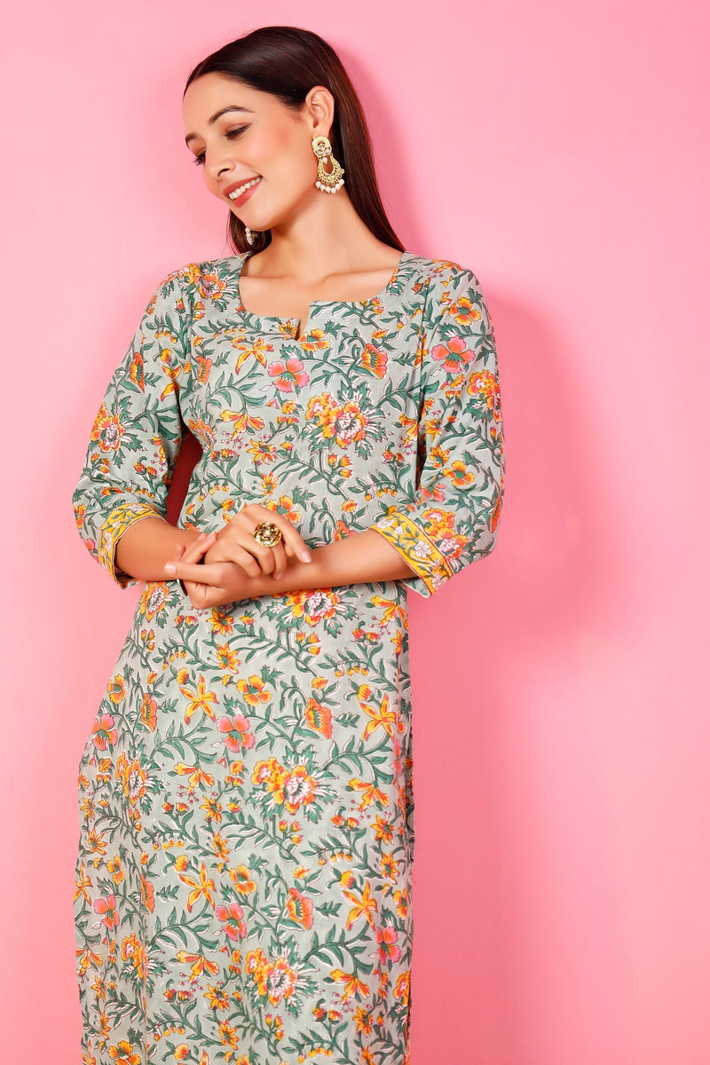 Women's Mint Green Hand Printed Kurta Pant Set - Pheeta
