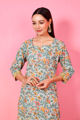 Women's Mint Green Hand Printed Kurta Pant Set - Pheeta