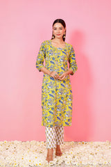 Women yellow hand printed kurta and pant