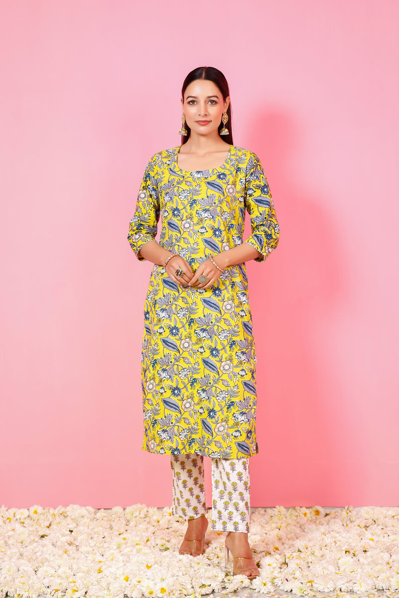 Women yellow hand printed kurta and pant