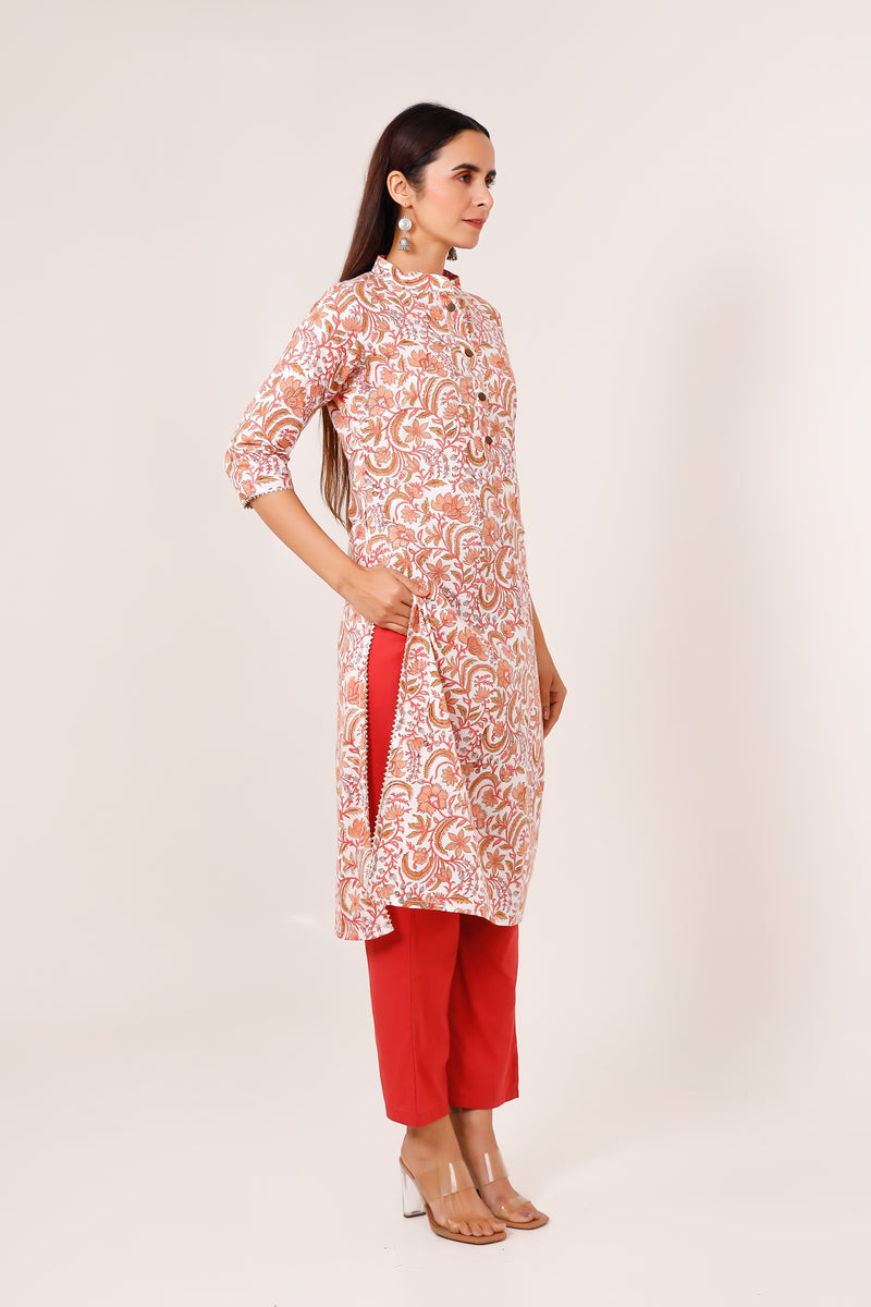 Offwhite hand printed kurta with peach floral print & solid red pant