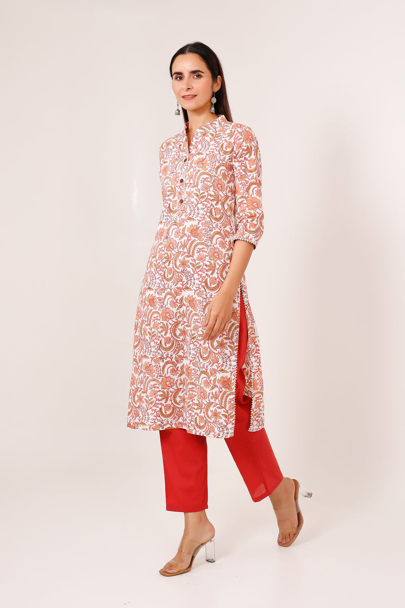 Offwhite hand printed kurta with peach floral print & solid red pant
