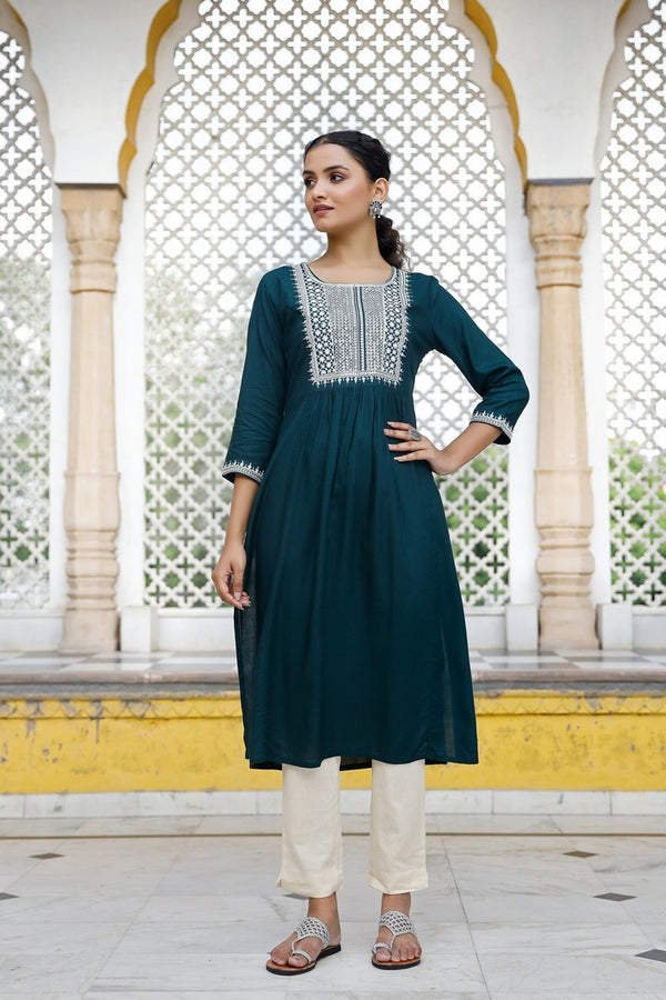 Teal Blue Embroidered Anarkali Kurta