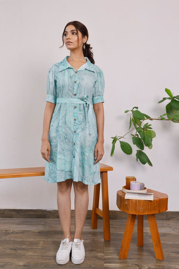 Sea Green Marble Printed Puff Sleeves Shirt Dress