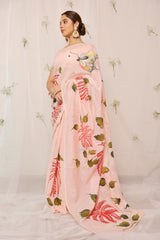 Hand Painted Coral Pink Palm Tree Leaves With Butterfly Peach Chanderi Saree