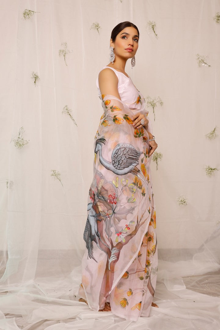 Hand Painted Crane Bird, Butterfly With Florals On Baby Pink Organza Saree