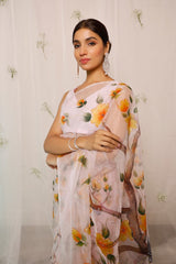 Hand Painted Crane Bird, Butterfly With Florals On Baby Pink Organza Saree