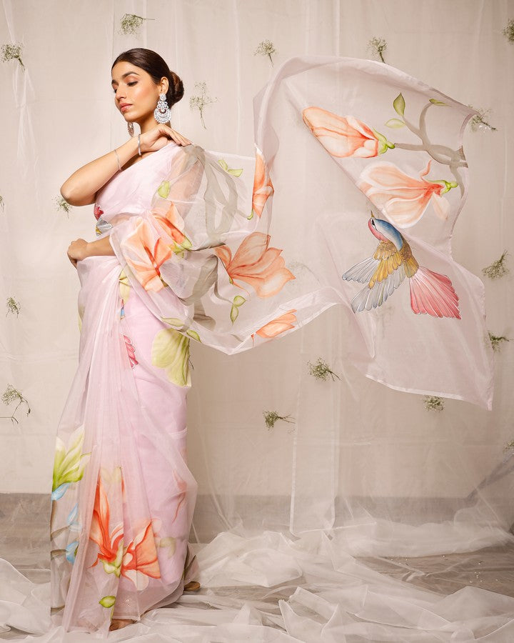 Hand Painted Colourful Sparrow With Florals On Baby Pink Organza Saree