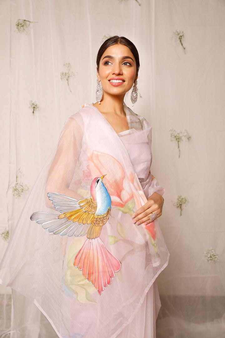 Hand Painted Colourful Sparrow With Florals On Baby Pink Organza Saree
