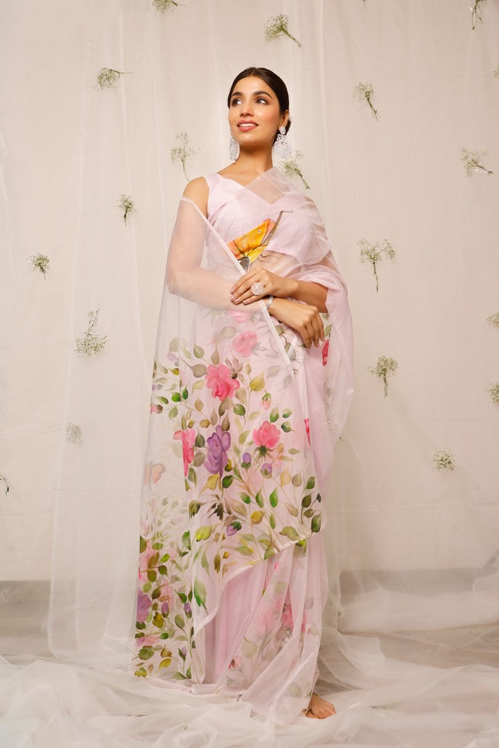 Hand Painted Pink And Purple Lotus With Butterfly On Baby Pink Organza Saree