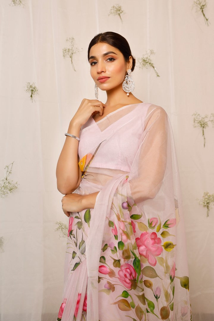 Hand Painted Pink And Purple Lotus With Butterfly On Baby Pink Organza Saree