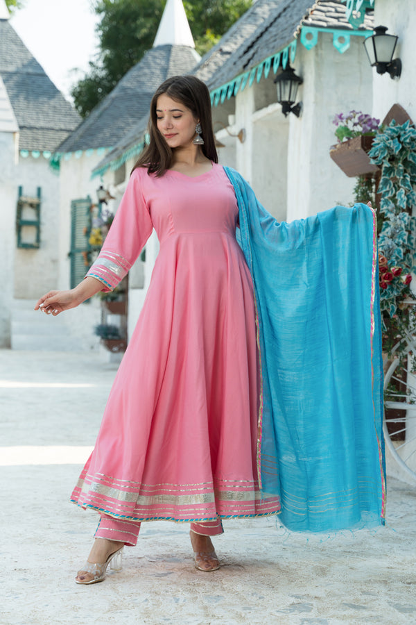 Rose Pink Flared Kurta Dupatta Set