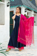 Dark Blue Angrakha Solid Suit Set Paired With Pink Solid Palazzo And Chanderi Dupatta