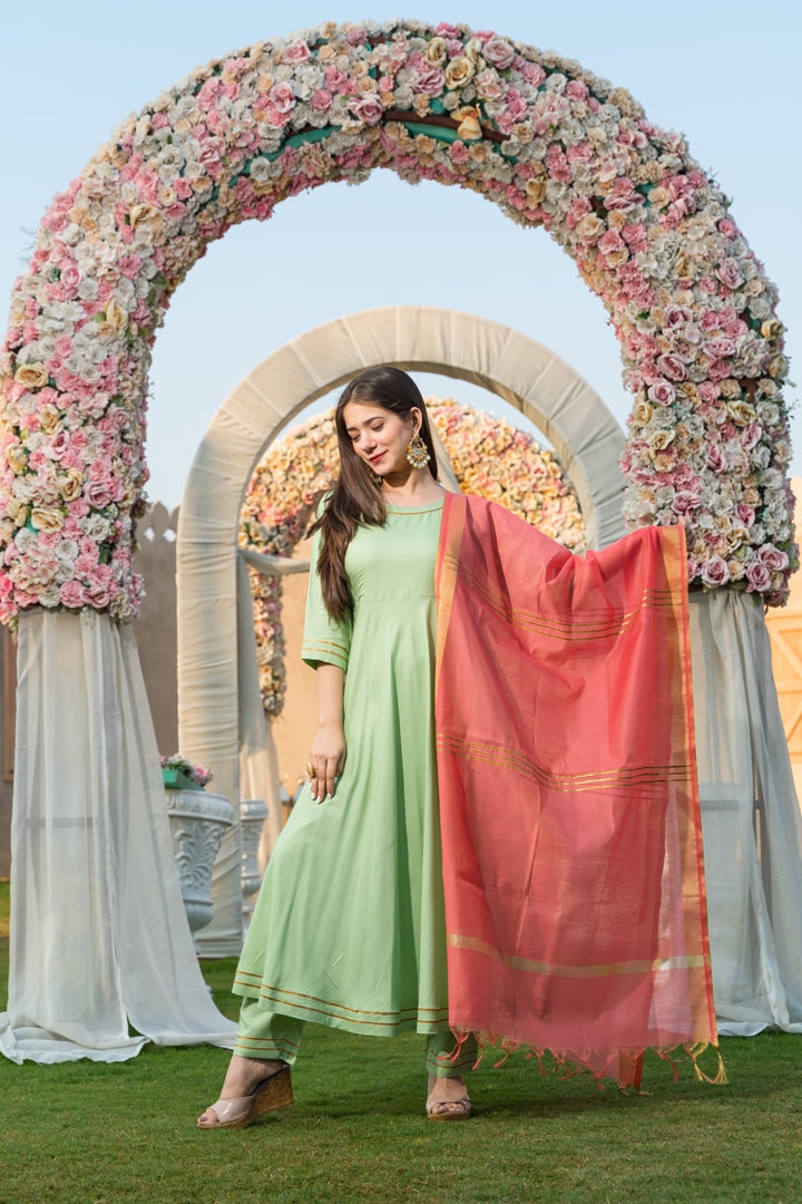 Pista Green Anarkali Suit Set Paired With Solid Pant And Chanderi Dupatta