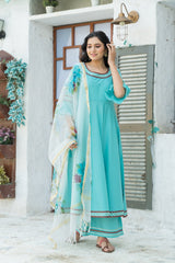 Turquoise Blue Kurta Set With Hand Paint Organza Dupatta
