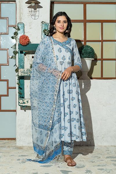 Sky Blue Butta Hand Block Print Kurta Set With Doria Dupatta.