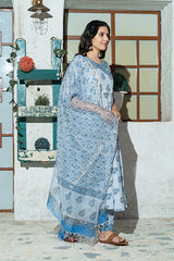 Sky Blue Butta Hand Block Print Kurta Set With Doria Dupatta.