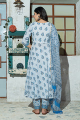 Sky Blue Butta Hand Block Print Kurta Set With Doria Dupatta.