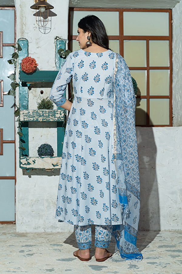 Sky Blue Butta Hand Block Print Kurta Set With Doria Dupatta.