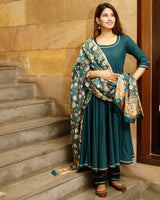 Teal Green Solid Flared Kurta Set With Hand Block Print Chanderi Dupatta