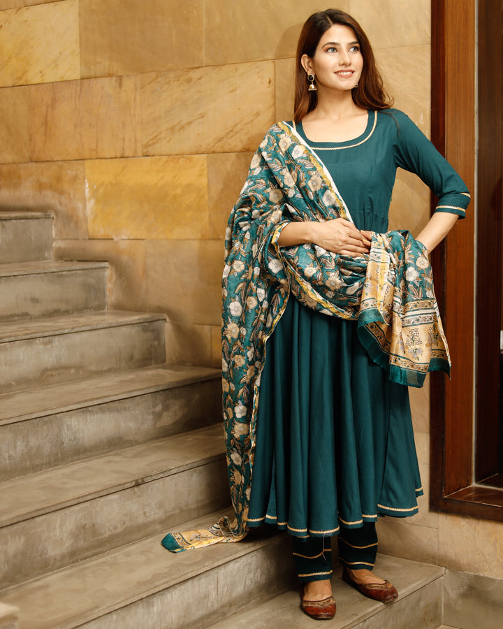 Teal Green Solid Flared Kurta Set With Hand Block Print Chanderi Dupatta